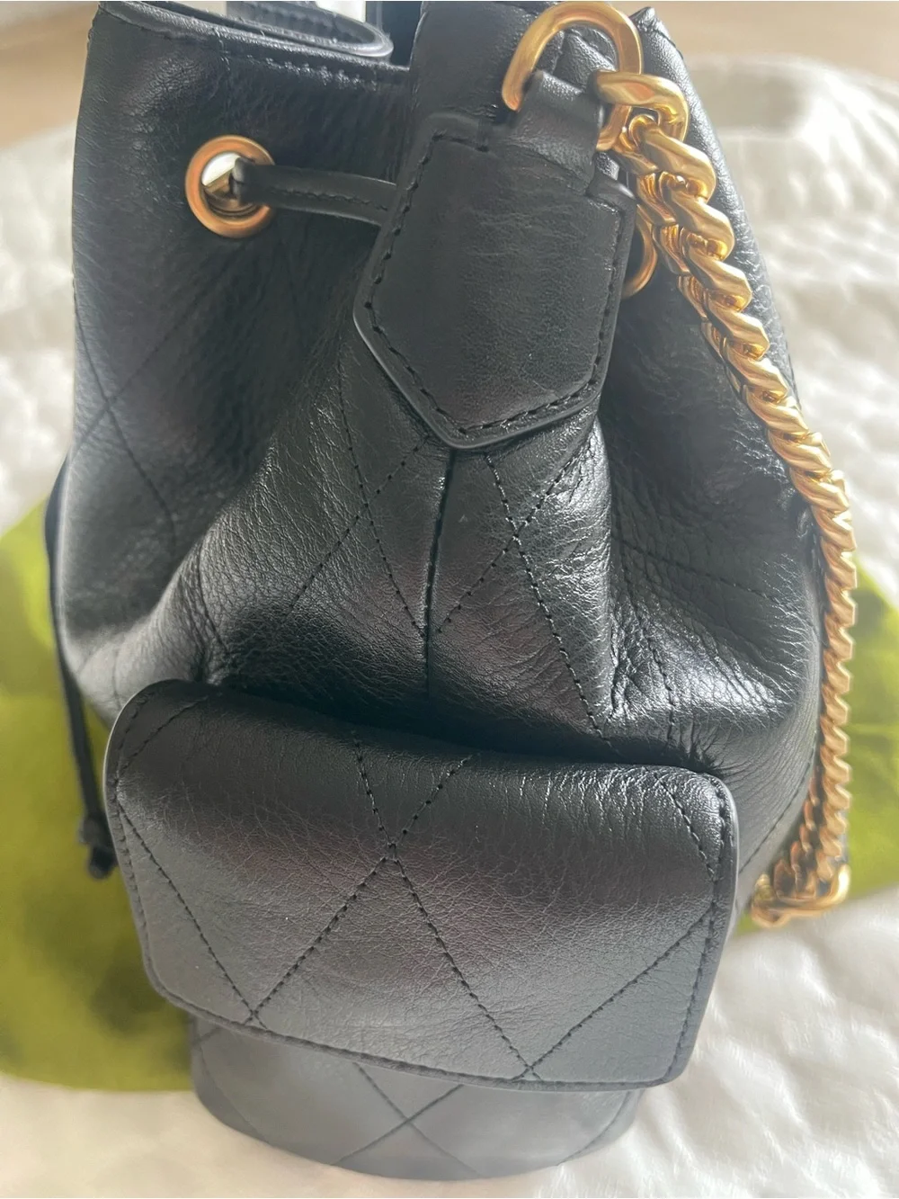 Tory Burch Black Leather Drawstring Bucket Bag with Gold Chain